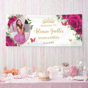 Fuchsia Hot Pink Roses Floral Quinceañera Photo Banner