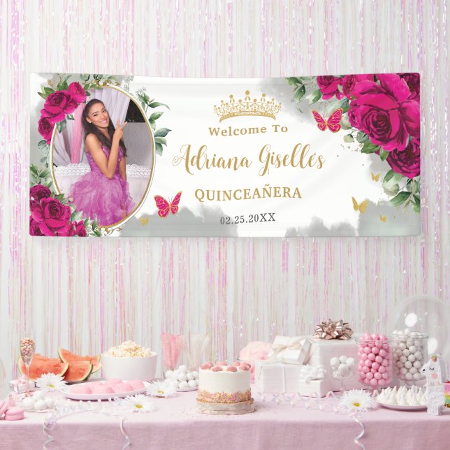 Fuchsia Hot Pink Roses Floral Quinceañera Photo Banner (Party)