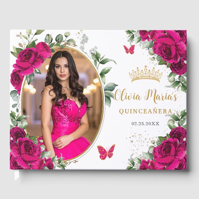 Fuchsia Hot Pink Roses Floral Quinceanera Photo Guest Book (Front)