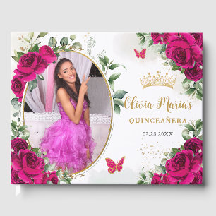 Fuchsia Hot Pink Roses Floral Quinceanera Photo Guest Book
