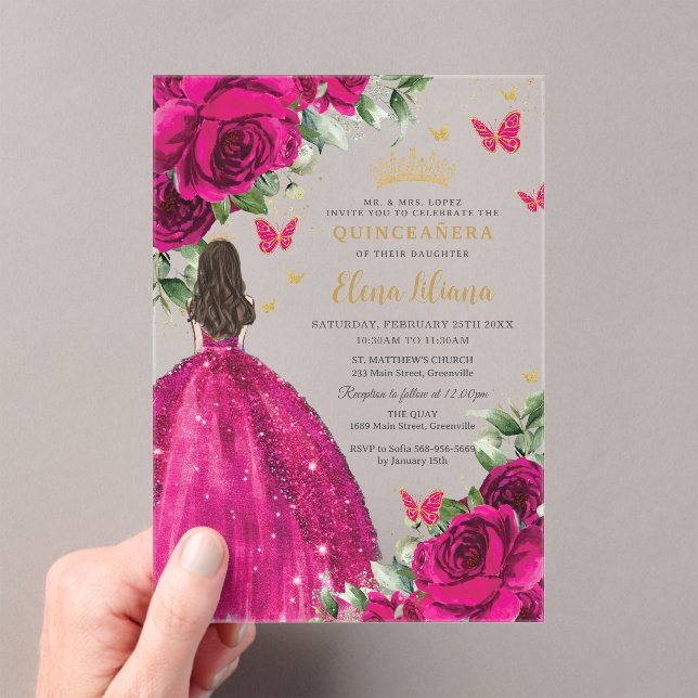Fuchsia Hot Pink Roses Floral Quinceañera Sweet 16 Acrylic Invitations (Insitu (Handheld))