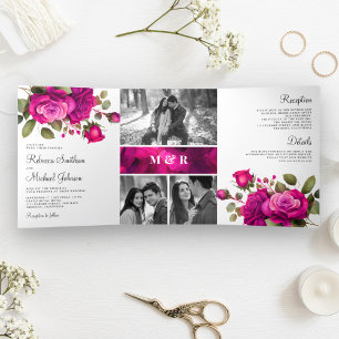 Fuchsia Hot Pink Roses Photo Collage Wedding Tri-Fold Invitation