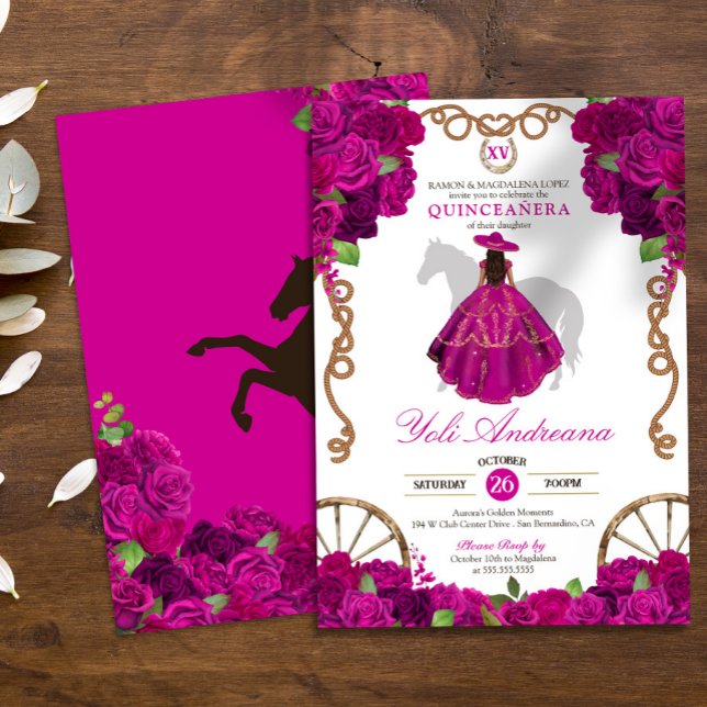 Fuchsia Hot Pink Roses Western Charro Quinceañera Invitation (Creator Uploaded)