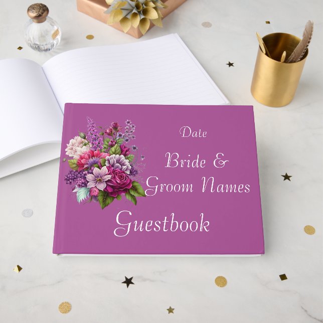 Fuchsia Lavender Floral Wedding Guestbook (Front Open)