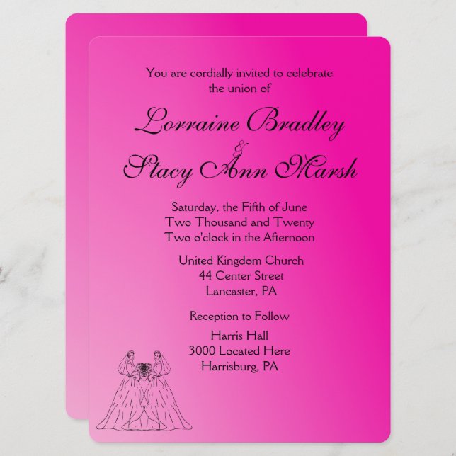 Fuchsia Lesbian Wedding Invitation (Front/Back)