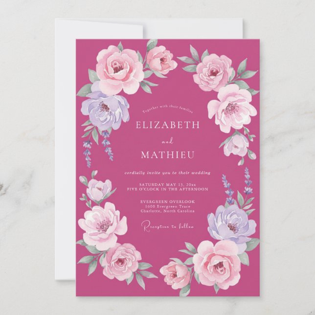 Fuchsia Lilac Ranunculus Eucalyptus Wedding Invitation (Front)