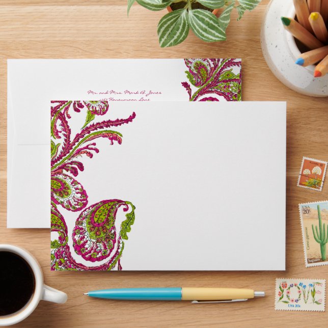 Fuchsia Lime Vintage Peacock Wedding Envelope (Desk)
