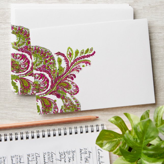 Fuchsia Lime Vintage Peacock Wedding Envelopes (Stacked)