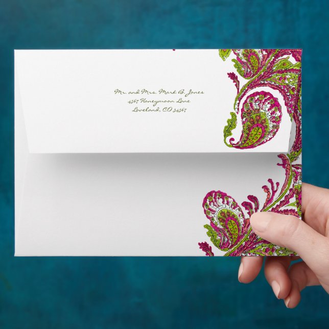 Fuchsia Lime Vintage Peacock Wedding Envelopes (Hand)