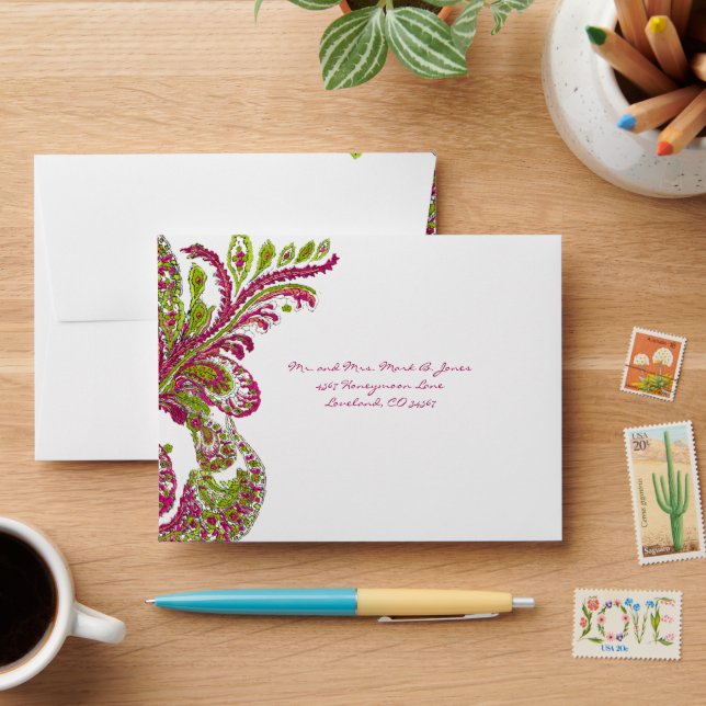 Fuchsia Lime Vintage Peacock Wedding RSVP Envelopes (Desk)