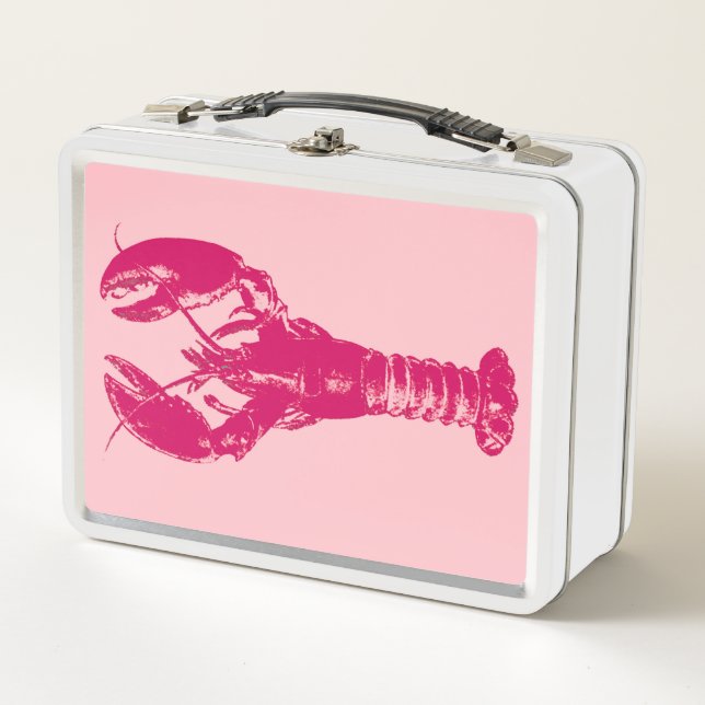 Fuchsia Lobster on Light Pink Metal Lunch Box (Front)