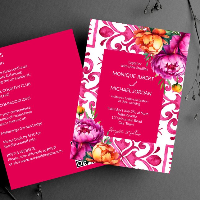 Fuchsia Majolica tiles orange peonies all in one Invitation (Fuchsia Majolica tiles orange peonies all in one template Invitation digital download QR RSVP detail)