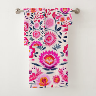 Fuchsia Mexican Flowers Pattern Bath Towel Set