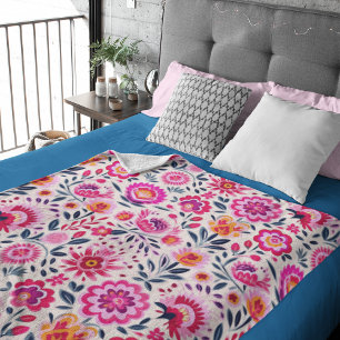 Fuchsia Mexican Flowers Pattern Vibrant Fleece Blanket