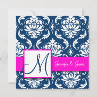 Fuchsia Navy Blue Damask Monogram Invitation