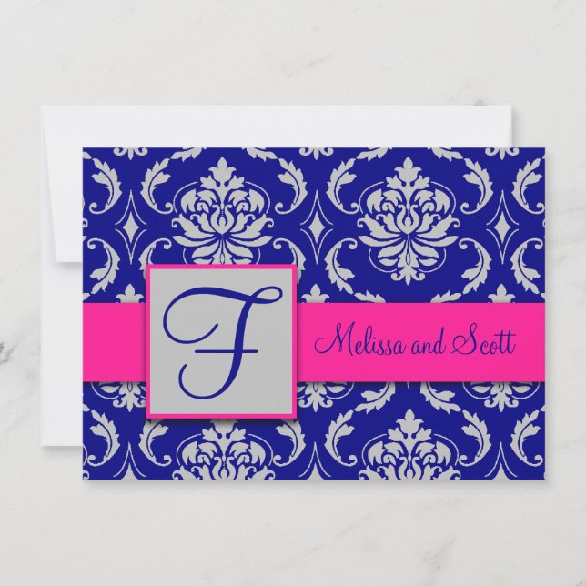 Fuchsia Navy Blue Silver Damask Save the Date 1B Invitation (Front)