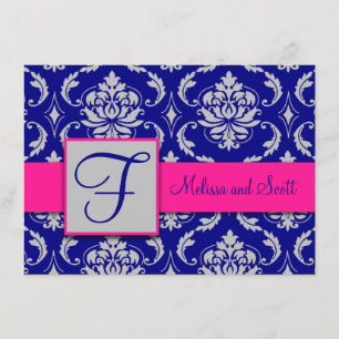 Fuchsia Navy Blue Silver Damask Save the Date 1B Invitation