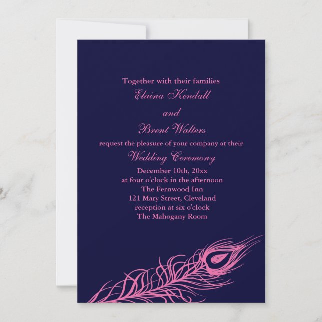 Fuchsia & Navy Feathers Wedding Invitation (Front)