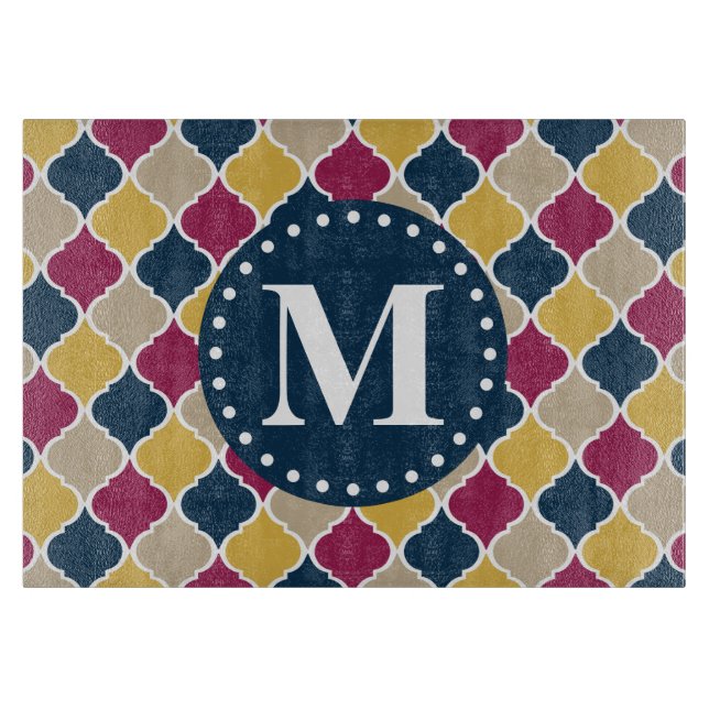 Fuchsia Navy Moroccan Lattice Monogram Cutting Board (Front)