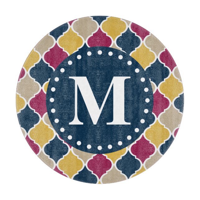 Fuchsia Navy Moroccan Lattice Monogram Cutting Board (Front)
