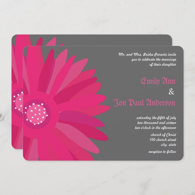 Fuchsia on Grey Gerber Daisy Wedding Invitation (Front/Back)