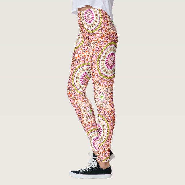 Fuchsia Orange and Green Vibrant Mandala Pattern Leggings (Left)
