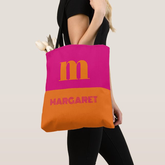 Fuchsia & orange custom initial name modern tote bag (Close Up)