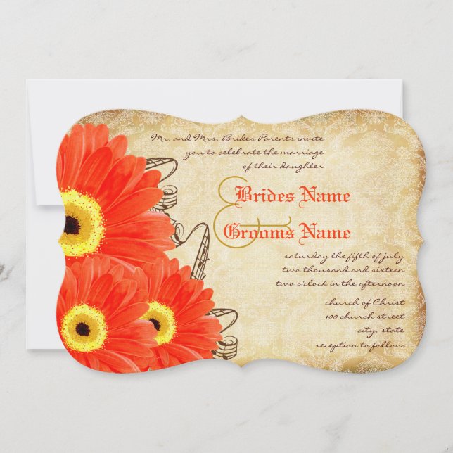 Fuchsia & Orange Gerber Daisy Wedding Invitation (Front)