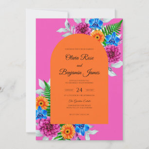 Fuchsia Orange Tropical Eucalyptus Wedding Invitation