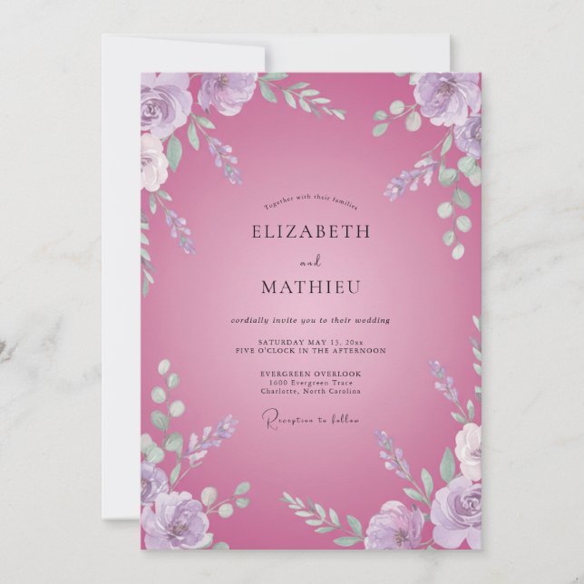 Fuchsia Orchid Leafy Wedding Invitation (Front)