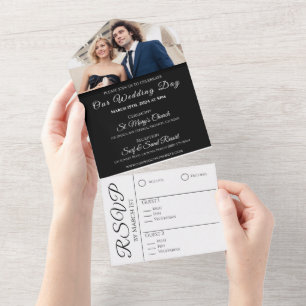 Fuchsia Orchids on Black-Photo Wedding-  All In On All In One Invitation
