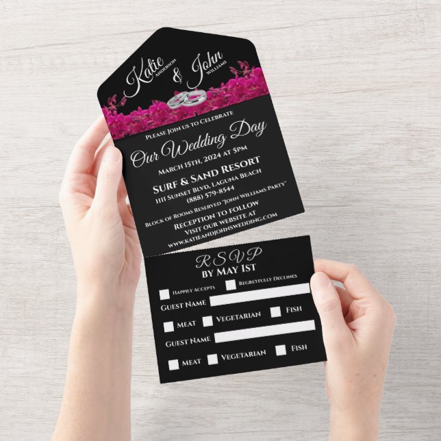 Fuchsia Orchids on Black-Wedding- All In One Invit Invitation (Tearaway)