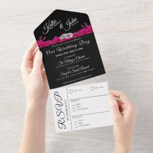 Fuchsia Orchids on Black-Wedding-  All In One Invitation