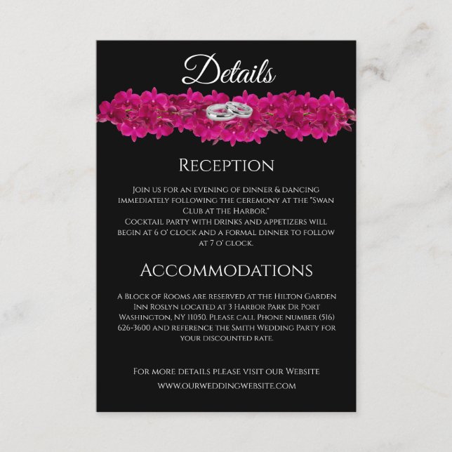 Fuchsia Orchids on Black- Wedding  Enclosure Card (Front)