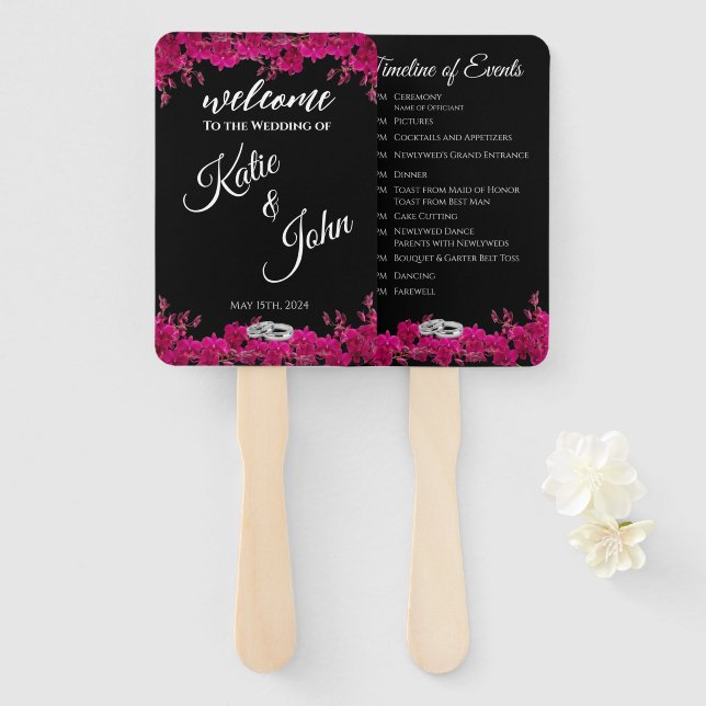 Fuchsia Orchids on Black-Wedding Program- Hand Fan (Front and Back)