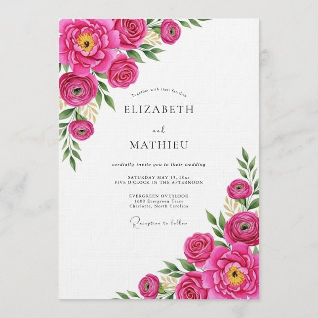 Fuchsia Painterly Blossom Wedding Invitation (Front)