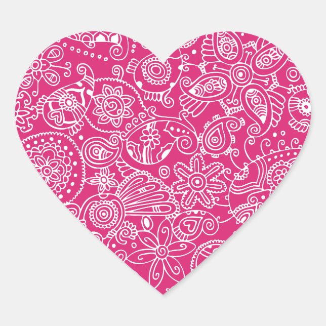 Fuchsia Paisley Heart Sticker (Front)