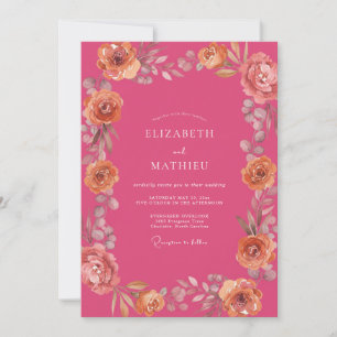 Fuchsia Peach Floral Watercolor Wedding Invitation
