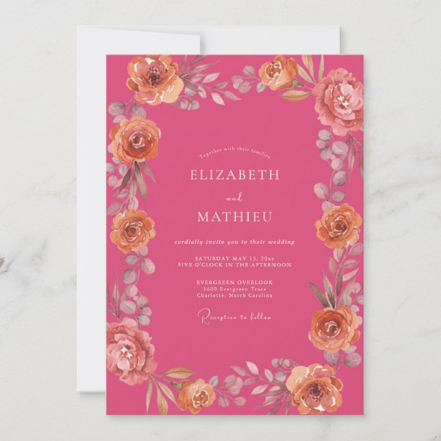 Fuchsia Peach Floral Watercolor Wedding Invitation (Front)