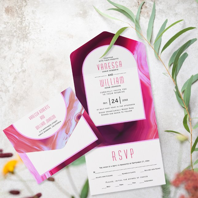 Fuchsia pink agate and frame geode wedding  all in one invitation (Creator Uploaded)