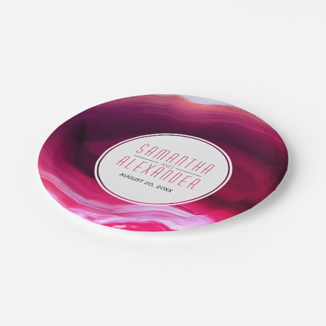 Fuchsia pink agate geode modern wedding paper plate (Angled)