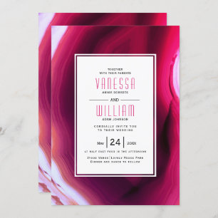 Fuchsia pink agate slice and frame wedding invitation
