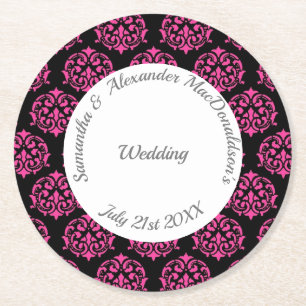 Fuchsia pink and black damask wedding round paper coaster