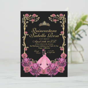 Fuchsia Pink and Black Gold Quinceanera XV Años Invitation