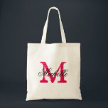 Fuchsia pink and black wedding tote bag with name<br><div class="desc">Fuchsia pink and black wedding tote bag with personalised monogram. Vintage style initial letter design. Make one for brides entourage / crew; bridesmaids, brides maid, flower girls, maid of honour, matron of honour, mother of the bride etc. Elegant script typography text for name. Fun monogrammed accessory for wedding, bridal shower,...</div>