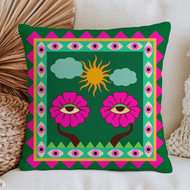 Fuchsia Pink and Emerald Green Evil Eyes Funky  Cushion (Creator Uploaded)