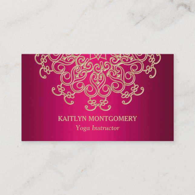 Fuchsia Pink and Gold Ornate Sunburst Mandala Business Card (Front)
