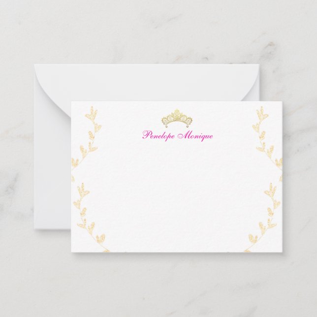 Fuchsia Pink and Golden Crown Kids Notecard (Front)