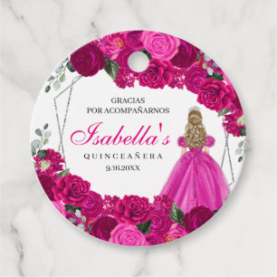 Fuchsia Pink and Silver Floral Quinceanera Circle Favour Tags