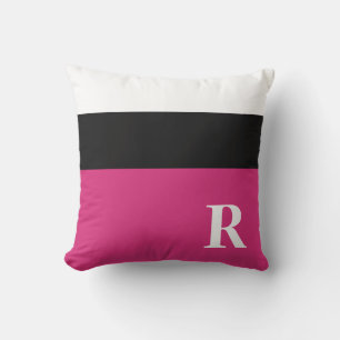 Fuchsia Pink Black and White Colour Block Monogram Cushion